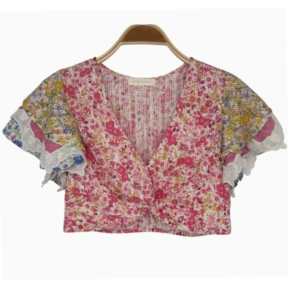 LoveShackFancy Kielle Crop Top Size Medium Pink Floral Twist Front Ruffle Sleeve - Picture 5 of 11